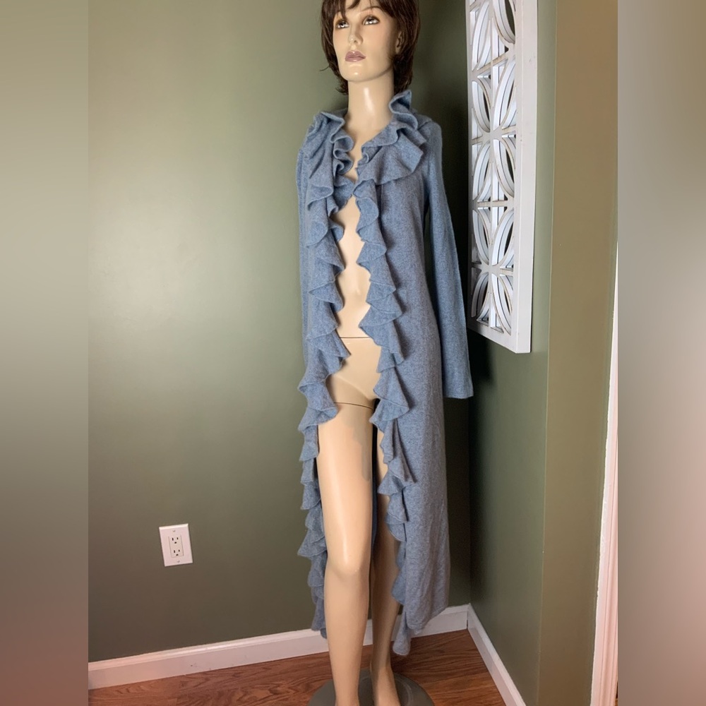 Ralph Lauren black label 100% Cashmere Soft Blue Knit ruffled duster medium - Picture 1 of 8